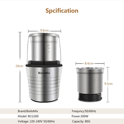BioloMix 2-in-1 Wet and Dry Double Cups 300W Electric Spices and Coffee Bean Grinder Stainless Steel Body and Miller Blades