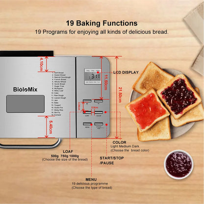 Biolomix Stainless Steel 1KG 19-in-1 Automatic Bread Maker 650W Programmable Bread Machine with 3 Loaf Sizes Fruit Nut Dispenser