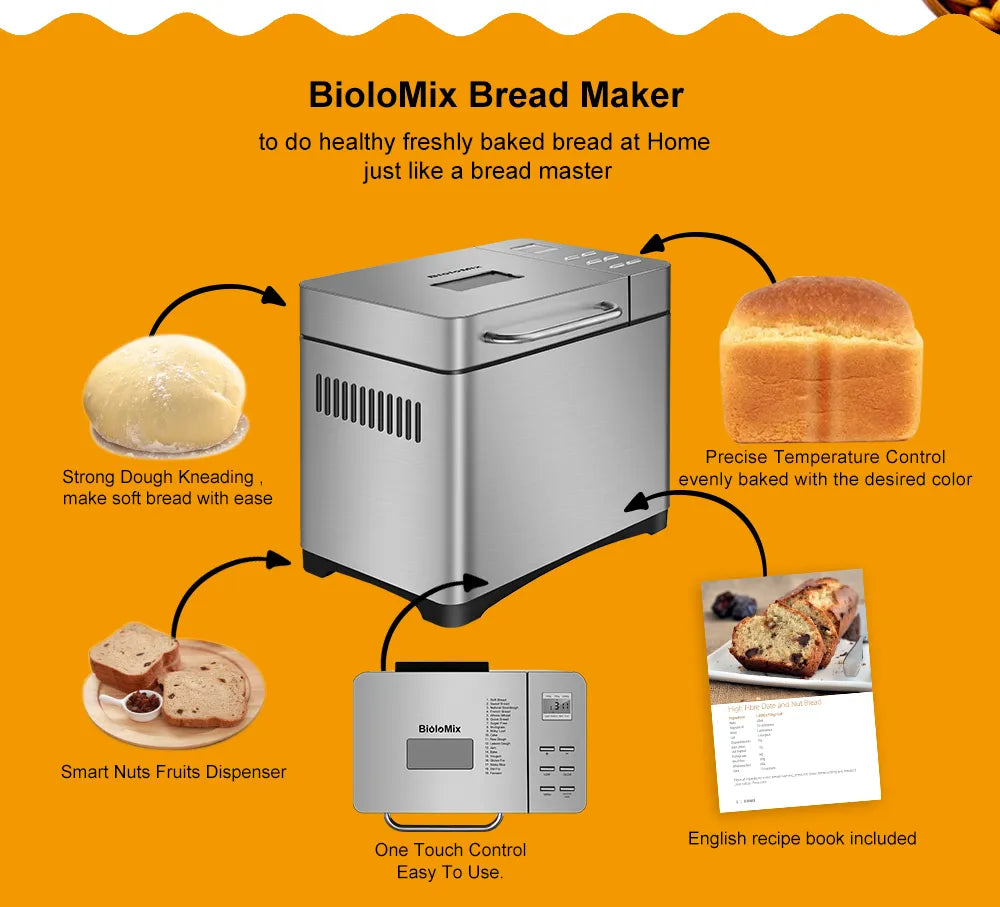 Biolomix Stainless Steel 1KG 19-in-1 Automatic Bread Maker 650W Programmable Bread Machine with 3 Loaf Sizes Fruit Nut Dispenser