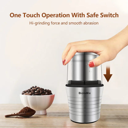 BioloMix 2-in-1 Wet and Dry Double Cups 300W Electric Spices and Coffee Bean Grinder Stainless Steel Body and Miller Blades