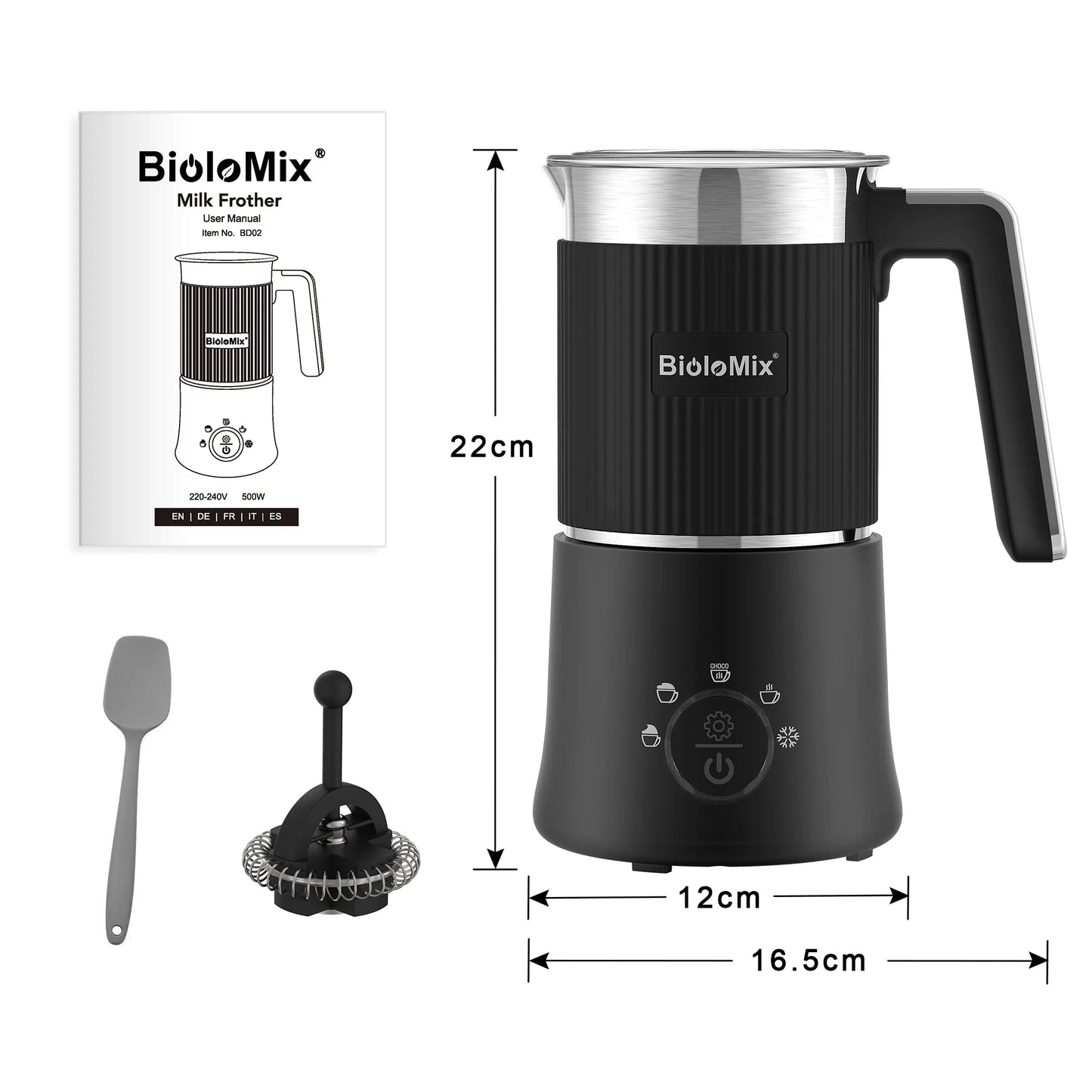 BioloMix Detachable Milk Frother and Steamer,5-in-1 Automatic Hot/Cold Foam and Hot Chocolate Maker,Dishwasher Safe