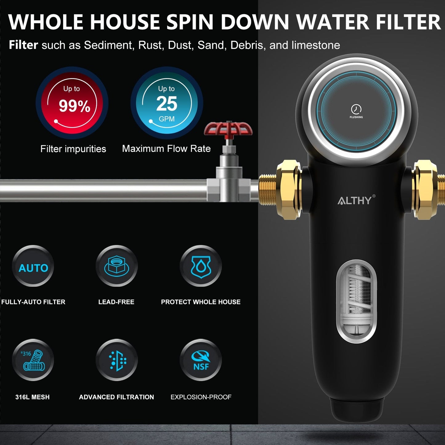 ALTHY PRE-AUTO1 Prefiltro de retrolavado automático Filtro de agua de sedimentos giratorio Sistema purificador central para toda la casa