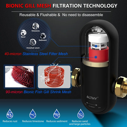 ALTHY PRE-U8 Bionic Gill + prefiltro de malla de acero inoxidable, purificador de filtro de agua de sedimentos giratorio para toda la casa, retrolavado