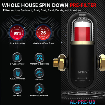 ALTHY PRE-U8 Bionic Gill + сетчатый фильтр предварительной очистки из нержавеющей стали для всего дома, центрифугирующий фильтр для воды с осадками, очиститель обратной промывки
