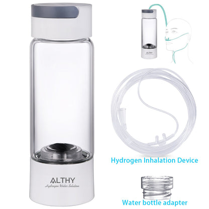 ALTHY Molecular Hydrogen Rich Water Generator Bottle - Glass Cupbody - DuPont SPE PEM Dual Chamber lonizer- H2 Inhalation Device