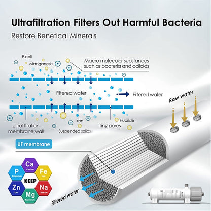 ALTHY Sistema purificador de filtro de agua de ultrafiltración PVDF de 0,01 μm para reducción de bacterias, membrana UF lavable, agua potable