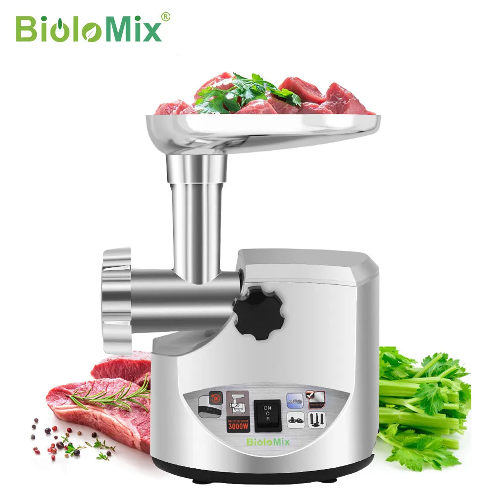 BioloMix Heavy Duty 3000W Max Powerful Electric Meat Grinder Home Sausage Stuffer Meat Mincer Food Processor