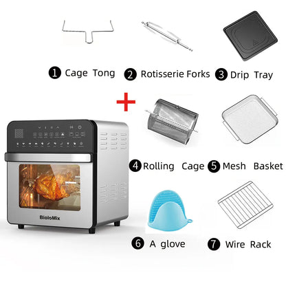 BioloMix Stainless Steel Dual Heating Air Fryer Oven Oil Free, Toaster Rotisserie and Dehydrator, 11 in 1, 15 L, 1700 W