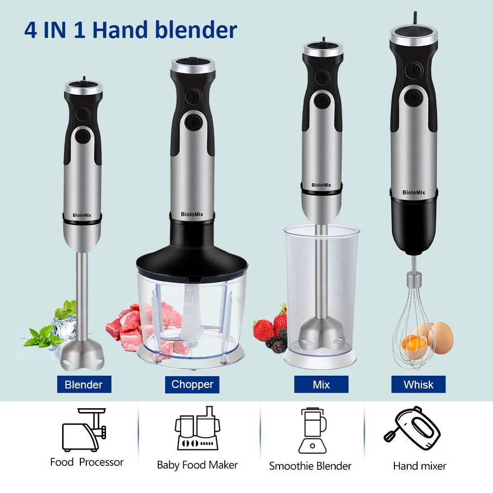 BioloMix 1200W 4-in-1 Immersion Hand Stick Blender Mixer Vegetable Meat Grinder 800ml Chopper Whisk 600ml Smoothie Cup
