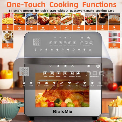 BioloMix Stainless Steel Dual Heating Air Fryer Oven Oil Free, Toaster Rotisserie and Dehydrator, 11 in 1, 15 L, 1700 W