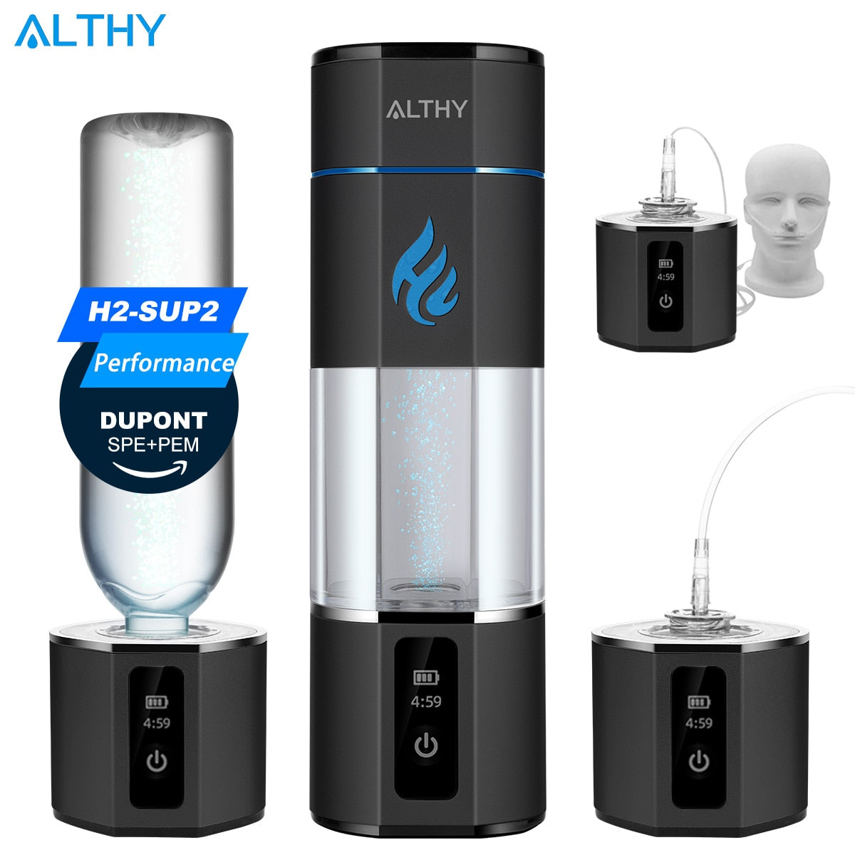 ALTHY H2-SUP2 Hydrogen Water Generator Bottle UDuPont SPE&PEM Dual Chamber lonizer Cup + Time&Battery Display + H2 Inhalation