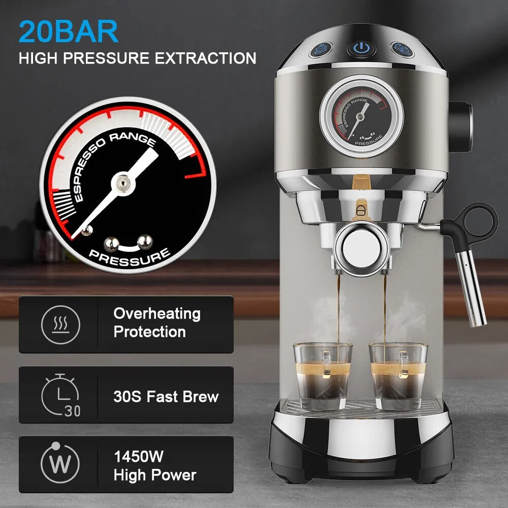 BioloMix 20 Bar Semi Automatic Powder Coffee Machine,with Milk Steam Frother Wand, for Espresso, Cappuccino, Latte and Mocha
