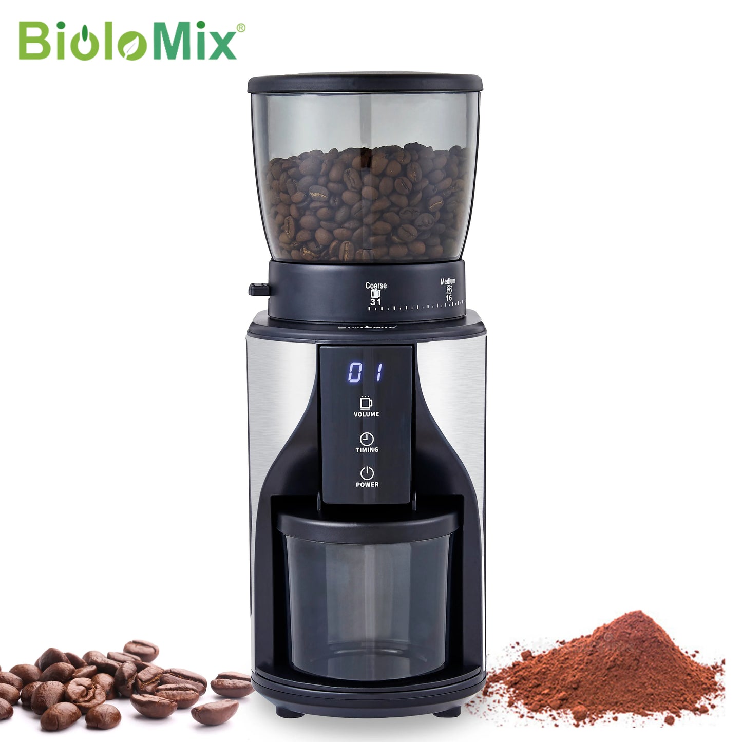 BioloMix Automatic Conical Burr Mill Coffee Grinder, with 31 Grind Settings for Espresso Turkish Coffee Pour Over