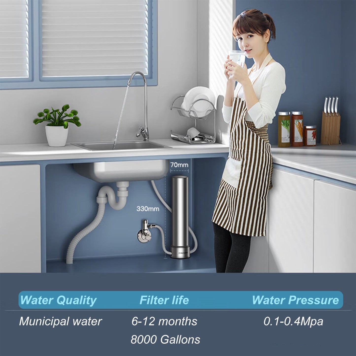 ALTHY U200PRO Kitchen Under Sink Drinking Water Filter Purifier 5 in 1, Stainless Steel 0.01um Filtration System With Faucet
