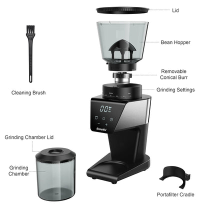 BioloMix Automatic Burr Mill Electric Coffee Grinder with 30 Gears for Espresso American Coffee Pour Over Visual Bean Storage