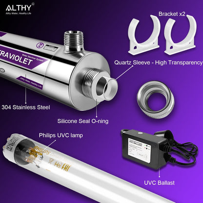 ALTHY Sistema de esterilizador de agua UV de acero inoxidable Lámpara de tubo ultravioleta Purificador de filtro de desinfección directa de bebidas / Lámpara PHILIPS