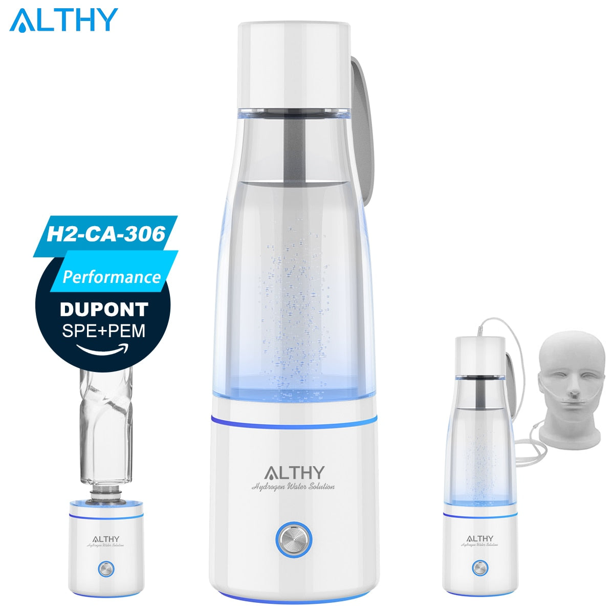 ALTHY-botella generadora de agua de Hidrógeno Molecular Premium DuPont SPE + PEM, fabricante de doble cámara + dispositivo de inhalación H2, 5000ppB máx.