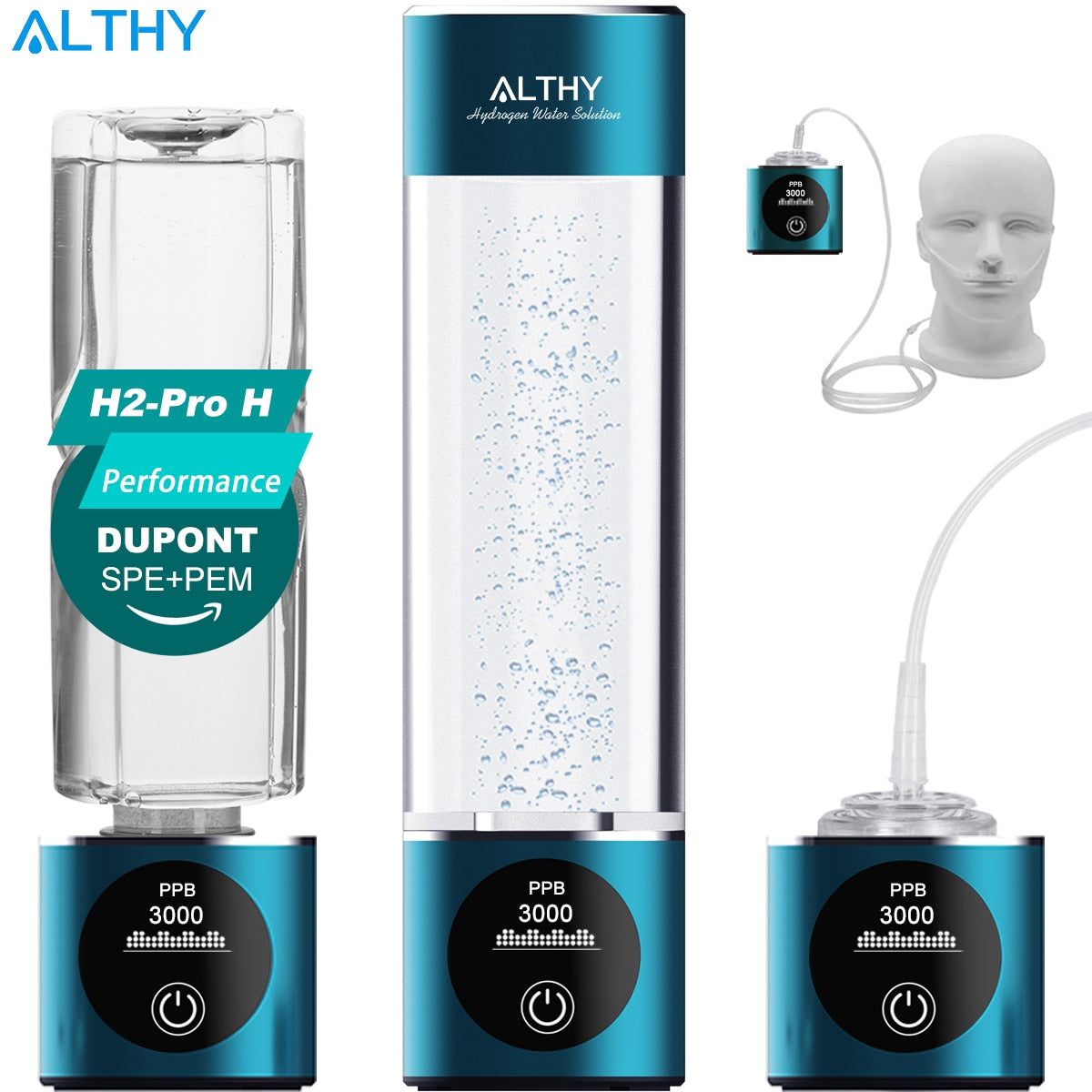 Botella generadora de agua de Hidrógeno ALTHY DuPont SPE + PEM, taza ionizadora de doble cámara + dispositivo de inhalación H2 + PPB y pantalla de tiempo