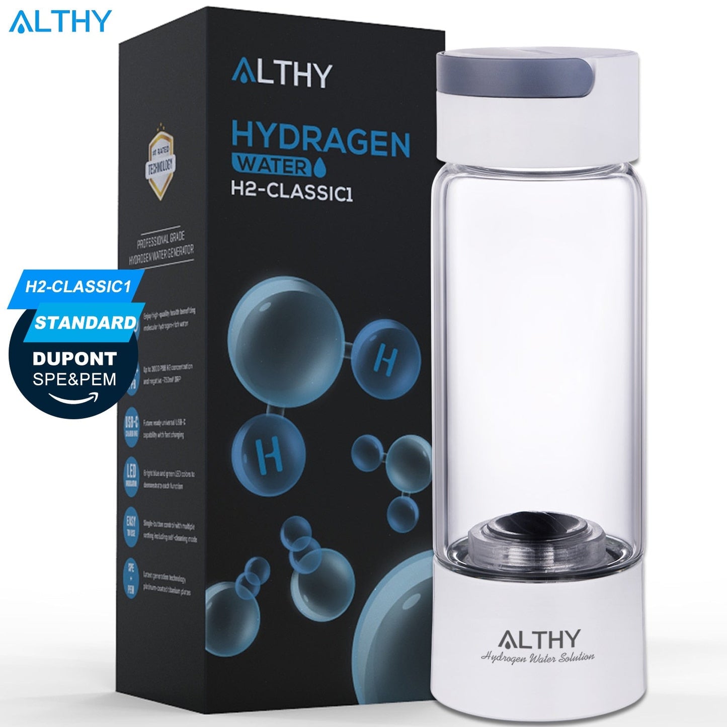Бутылка-генератор для молекулярной водородной воды ALTHY – стеклянный корпус – двухкамерный ионизатор DuPont SPE PEM – ингаляционное устройство H2