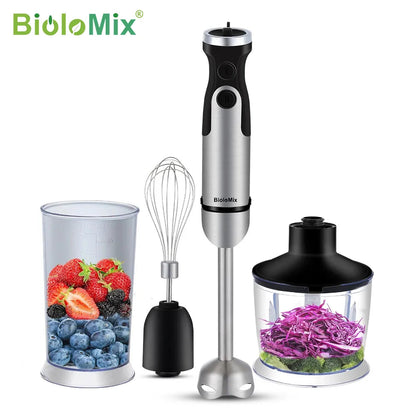 BioloMix 1200W 4-in-1 Immersion Hand Stick Blender Mixer Vegetable Meat Grinder 800ml Chopper Whisk 600ml Smoothie Cup